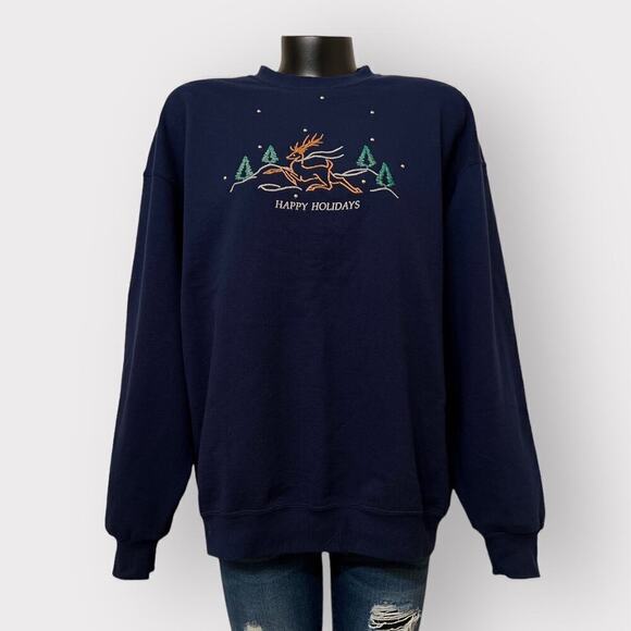 VTG Christmas Ugly Sweater Reindeer Womens XL Cozy Warm Holiday Winter Navy Blue - Picture 1 of 5